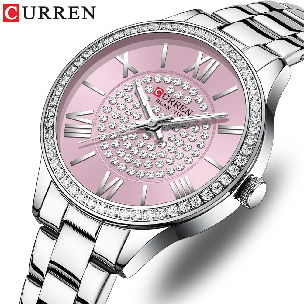 Luxury Stainless Steel Luminous hands Wristwatches with Rhinestones