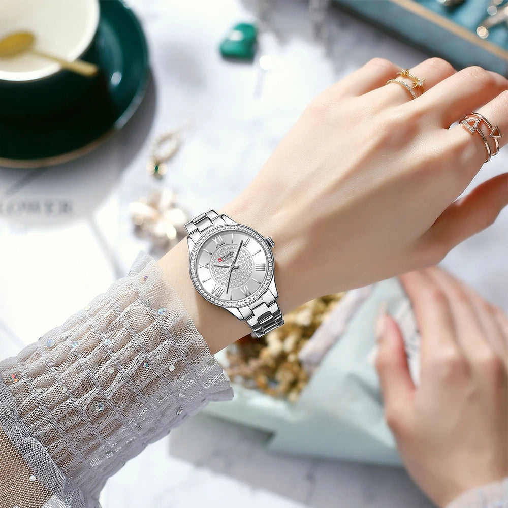Luxury Stainless Steel Luminous hands Wristwatches with Rhinestones