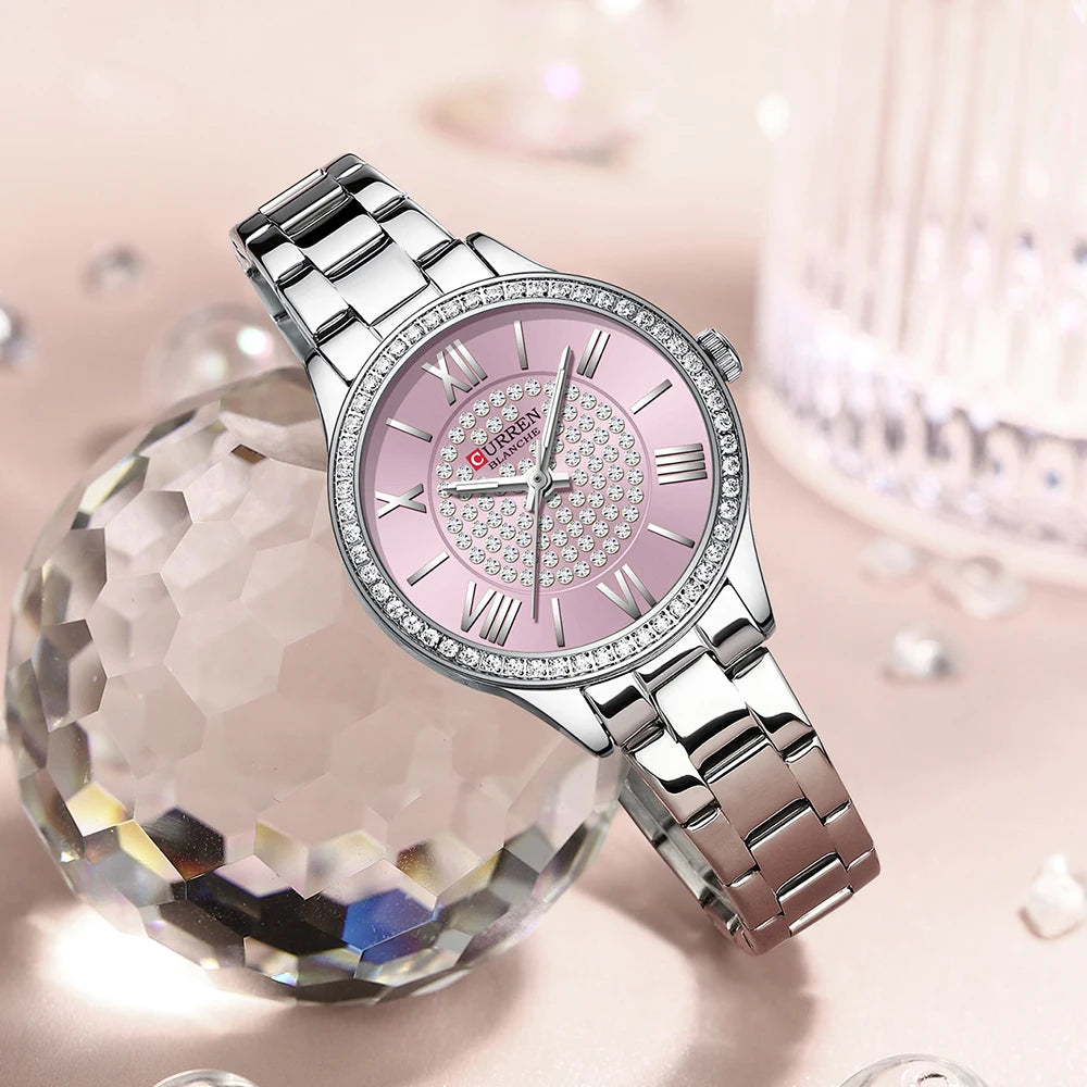 Luxury Stainless Steel Luminous hands Wristwatches with Rhinestones