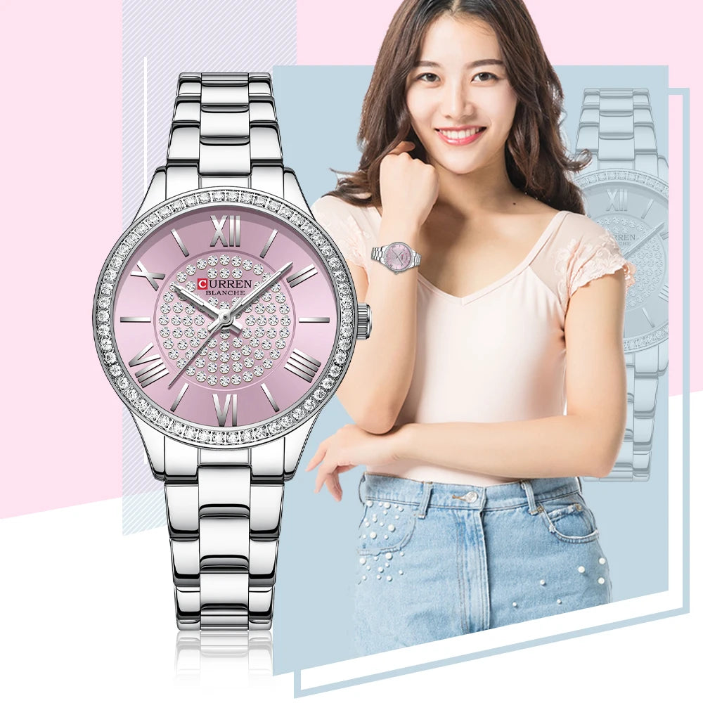 Luxury Stainless Steel Luminous hands Wristwatches with Rhinestones