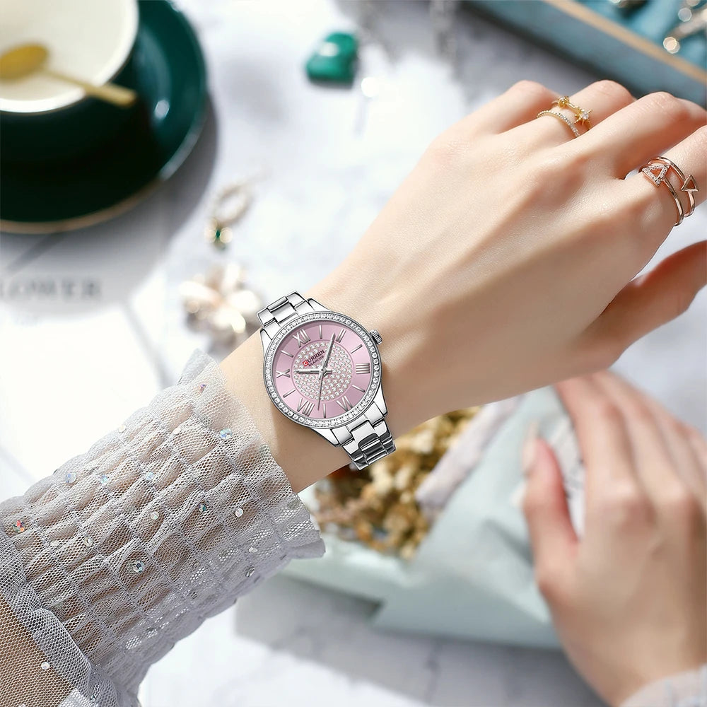 Luxury Stainless Steel Luminous hands Wristwatches with Rhinestones