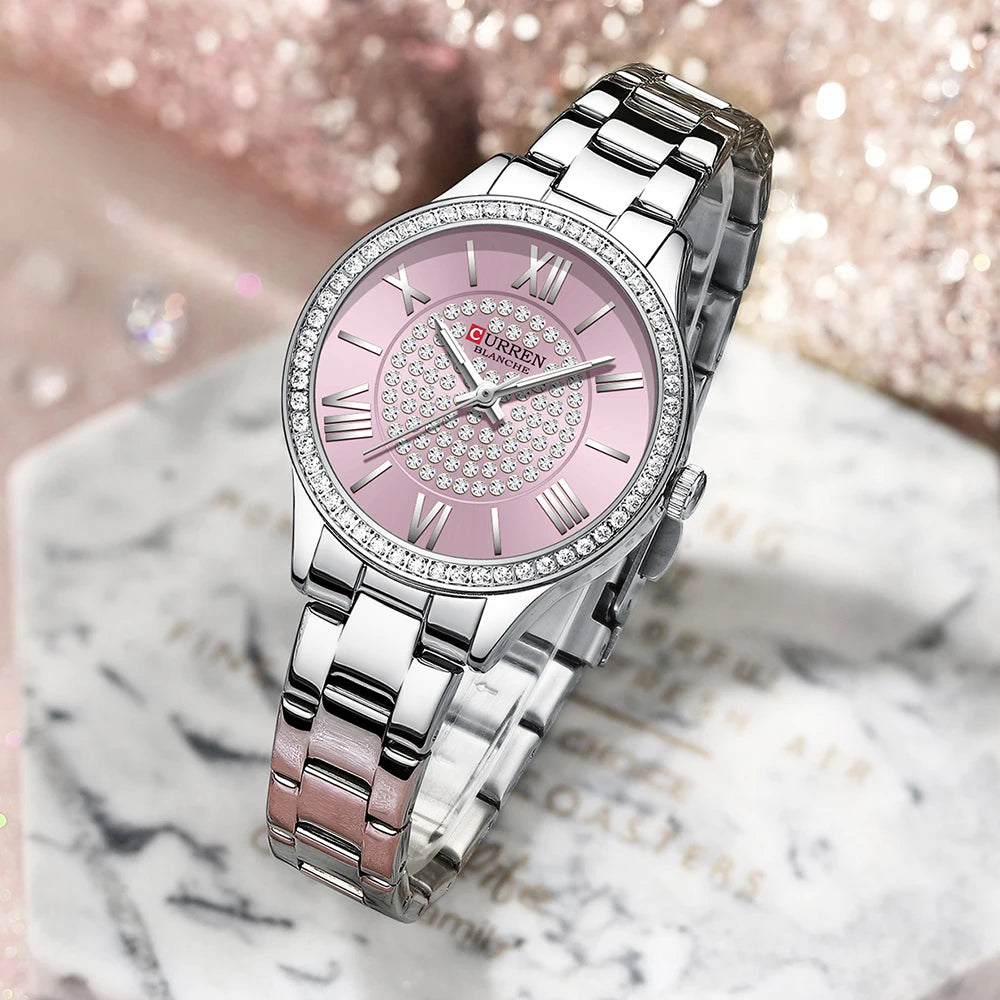 Luxury Stainless Steel Luminous hands Wristwatches with Rhinestones